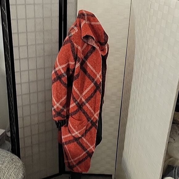 BRAND NEW JOSEPH A HOODED LONG CARDIGAN SWEATER COAT IN PLAID RED - Picture 6 of 12